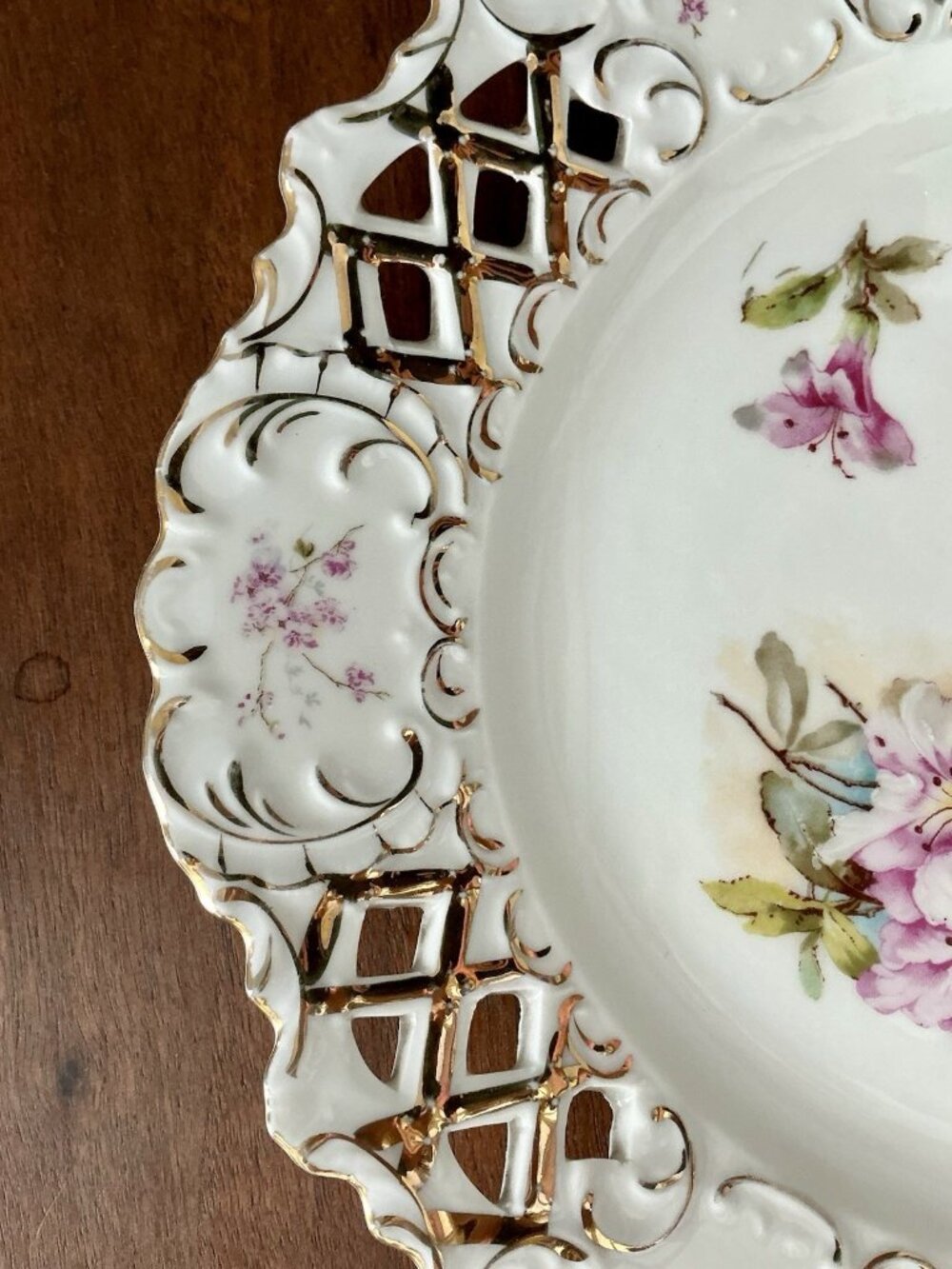 Antique Pierced Porcelain Plate Apple Blossom Floral Gold Gilt 10in - Picture 11 of 16